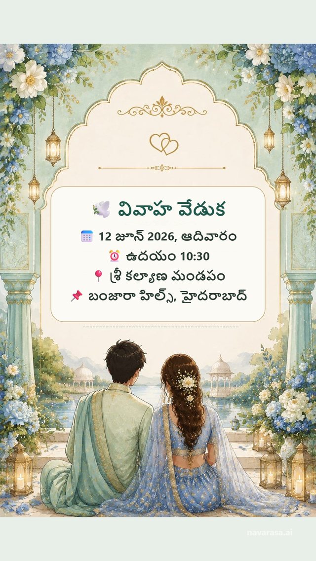 Wedding details card — date, time and venue in Telugu